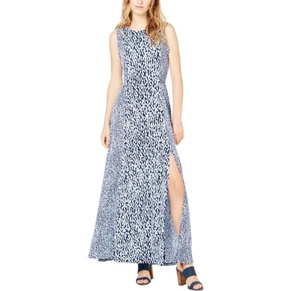 Michael Kors Blue Ikat Sleeveless Tie Waist Maxi Tank Dress - Size Medium
